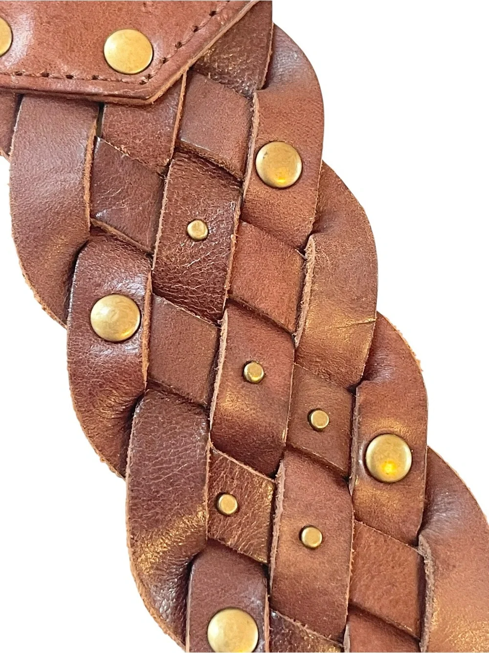 Wide Brown Braided Studded Leather Belt Circle Buckle Vintage Y2K Size L